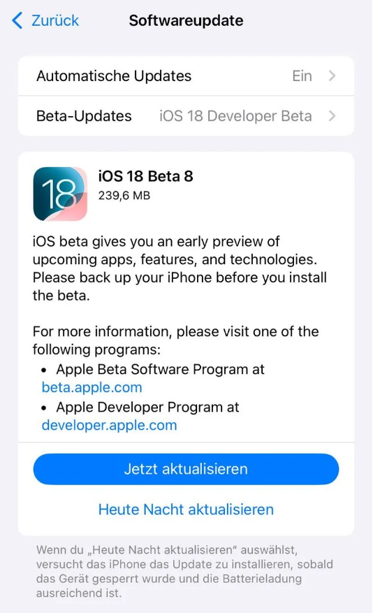 泸西苹果手机维修分享苹果 iOS / iPadOS 18 开发者预览版 Beta 8 发布 